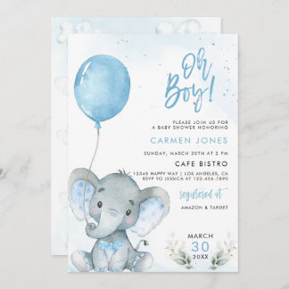 Invitation à une fête de bébé éléphant avec ballon