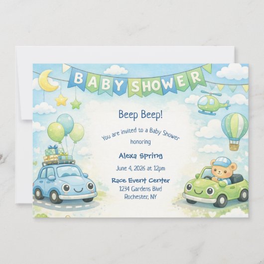 Invitation à une fête de bébé garçon thème voiture (Devant)