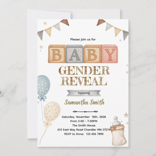 Invitation à une fête de bébé neutre avec des bloc (Devant)