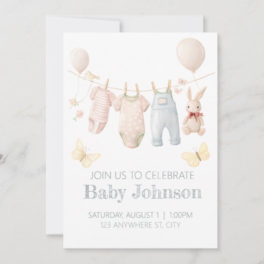 Invitation à une fête de bébé : Vêtements pastel p (Devant)