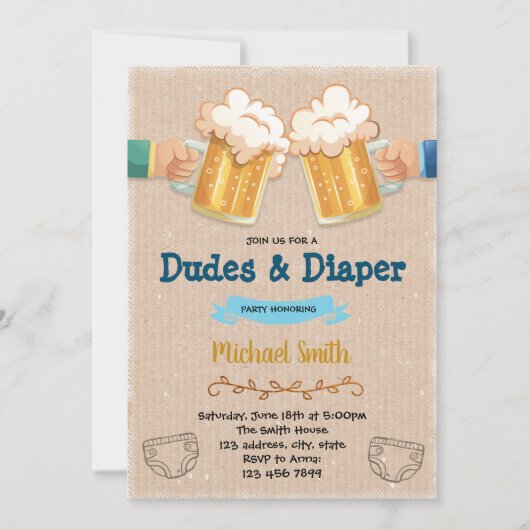 Invitation à une fête de bébés et couches pour mec (Devant)