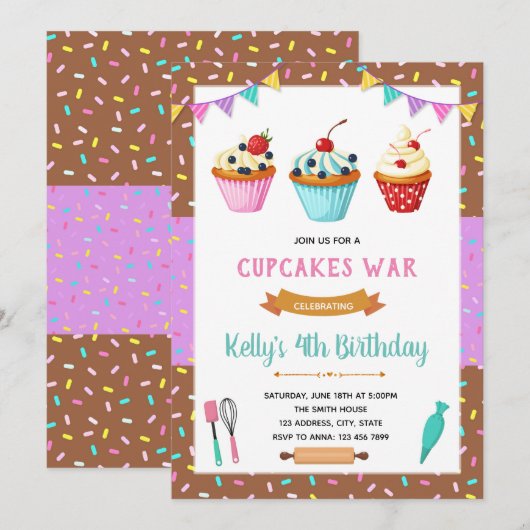 Invitation à une fête de décoration de cupcake (Devant / Derrière)