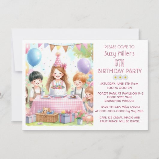 Invitation à une fête de fille rose mignonne (Devant)