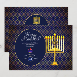 Invitation à une fête de Hanukkah Menorah Bleu Or