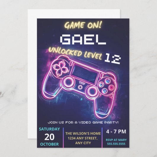 Invitation à une fête de jeu vidéo, invitation d'a (Devant / Derrière)