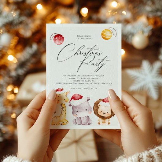 Invitation à une fête de Noël avec des animaux de
