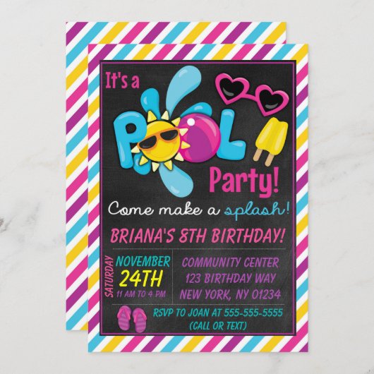 Invitation à une fête de piscine pour une fille (Devant / Derrière)