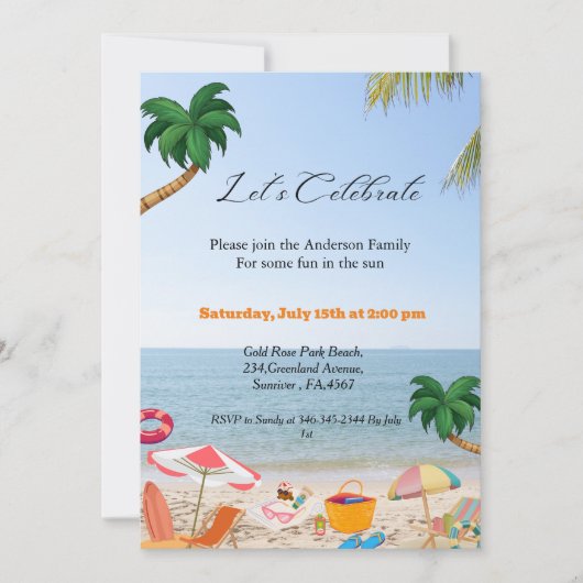 Invitation à une fête de plage, fête de plage en f (Devant)
