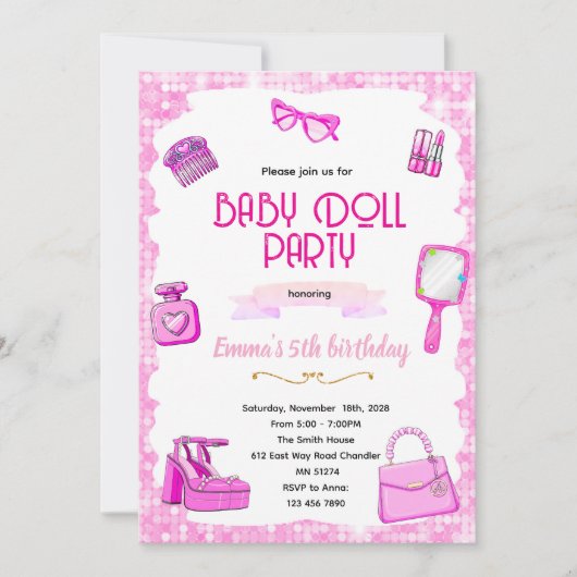 Invitation à une fête de poupée rose (Devant)
