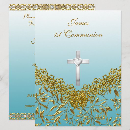 Invitation à une fête de première communion bleue (Devant / Derrière)