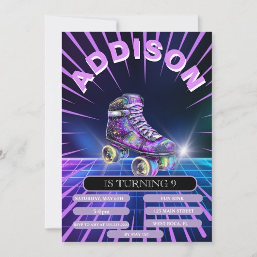 Invitation à une fête de roller en néon (Devant)