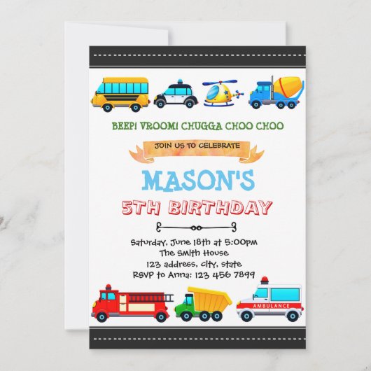 Invitation à une fête de transport mignon (Devant)