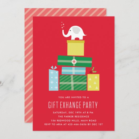 Invitation à une fête d'échange de cadeaux éléphan (Devant / Derrière)