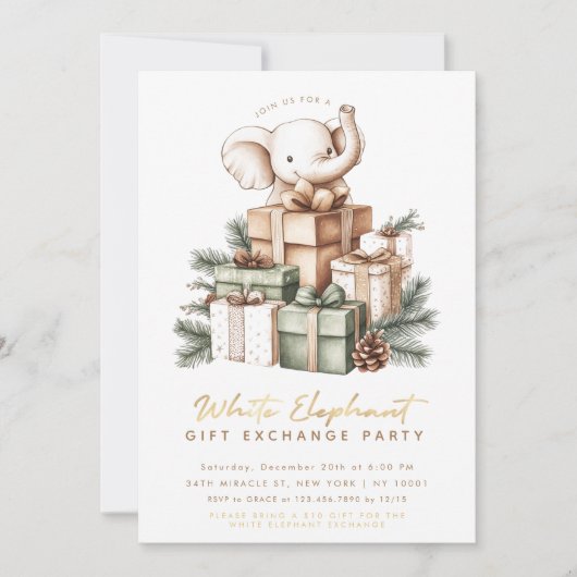 Invitation à une fête d'échange de cadeaux éléphan (Devant)