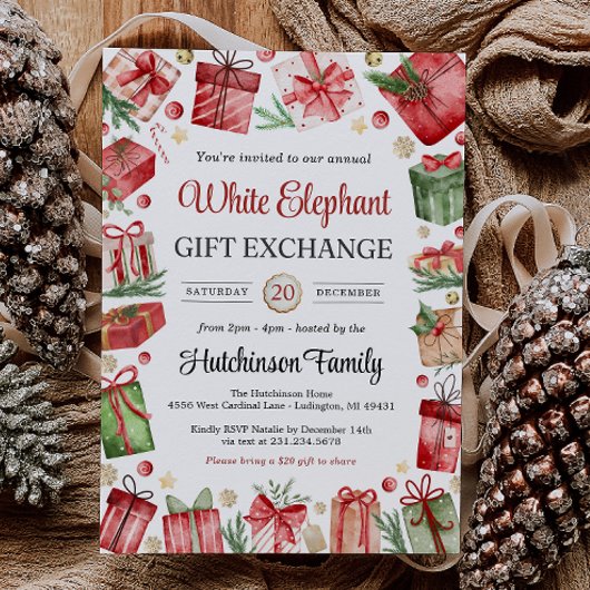 Invitation à une fête d'échange de cadeaux éléphan