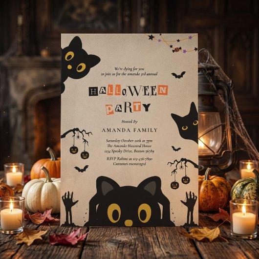 Invitation à une fête d'Halloween avec un chat noi