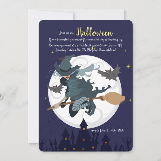 Invitation à une fête d'Halloween : Sorcière sur u (Devant)