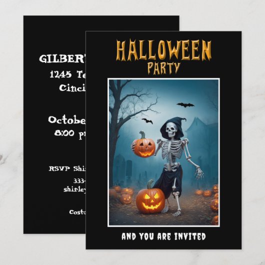 Invitation à une fête d'Halloween squelette avec c (Devant / Derrière)