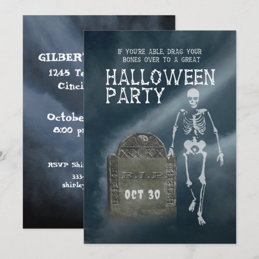 Invitation à une fête d'Halloween squelette et pie (Devant / Derrière)