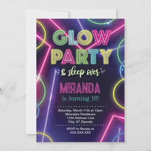 Invitation à une fête Glow Party, fête en lumières (Devant)