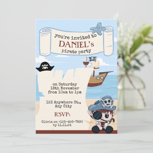 Invitation à une fête pirate avec une tortue migno (Debout devant)