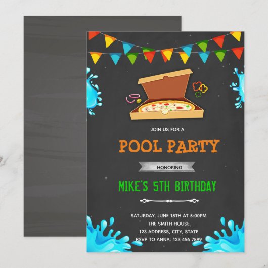 Invitation à une fête piscine pizza (Devant / Derrière)