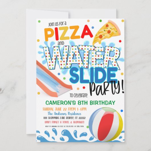 Invitation à une fête pizza et toboggan aquatique (Devant)