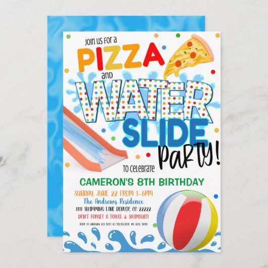Invitation à une fête pizza et toboggan aquatique (Devant / Derrière)