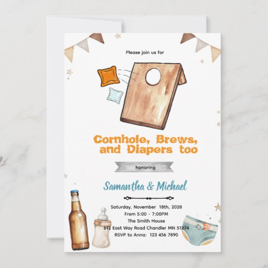 Invitation à une fête prénatale Cornhole et Bière (Devant)