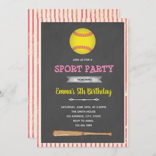Invitation à une fête sur le thème du baseball Sof (Devant / Derrière)