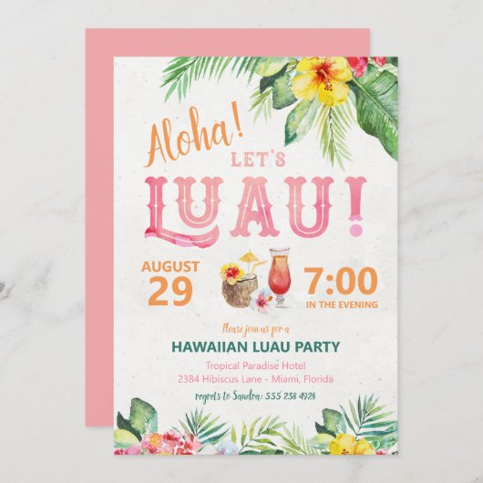 Invitation à une soirée Aloha Luau hawaïenne (Devant / Derrière)