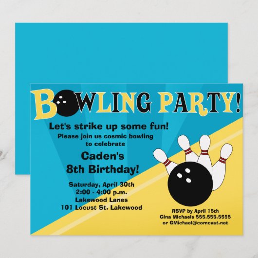 Invitation à une soirée de bowling - Bleu et Jaune (Devant / Derrière)