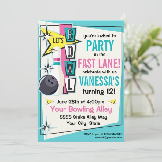 Invitation à une soirée de bowling rétro - Rose (Debout devant)