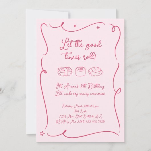Invitation à une soirée de sushis pour filles rose (Devant)