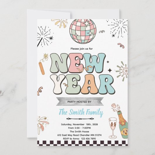 Invitation à une soirée du nouvel an rétro (Devant)