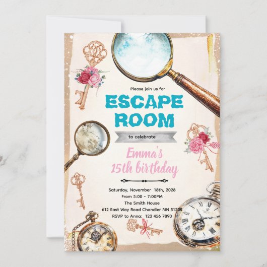 Invitation à une soirée escape game pour filles (Devant)