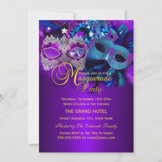 Invitation à une soirée masquée aux masques violet (Devant)