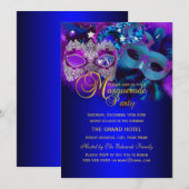 Invitation à une soirée masquée aux masques violet (Devant / Derrière)