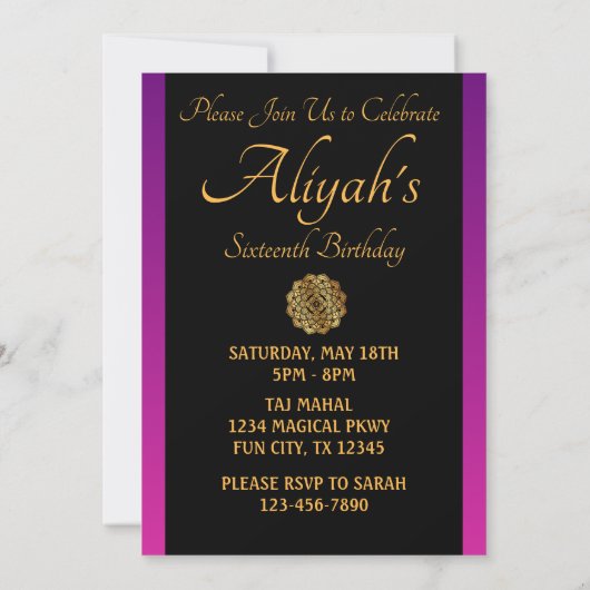 Invitation à une soirée Nuit Arabe violette et noi (Dos)