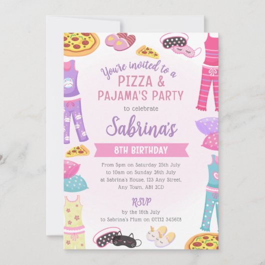 Invitation à une soirée pizza et pyjama pour fille (Devant)
