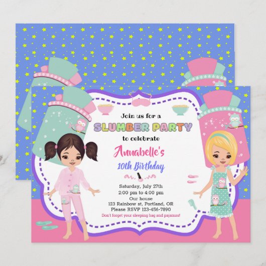 Invitation à une soirée pyjama Invitation d'annive (Devant / Derrière)