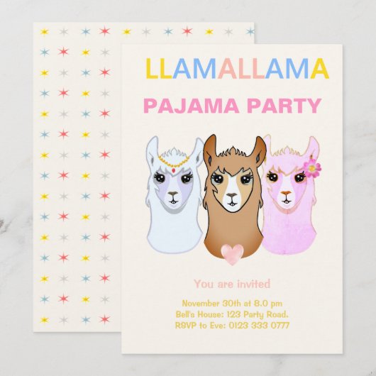 Invitation à une soirée pyjama lama (Devant / Derrière)