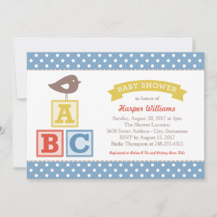 Invitation ABC Alphabet Blocs Bleu Jaune bébé garçon douche