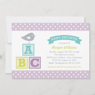 Invitation ABC Alphabet Blocs Lavender Purple Baby shower