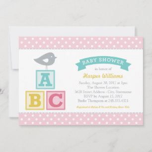 Invitation ABC Alphabet Blocs Pink Baby Girl Douche