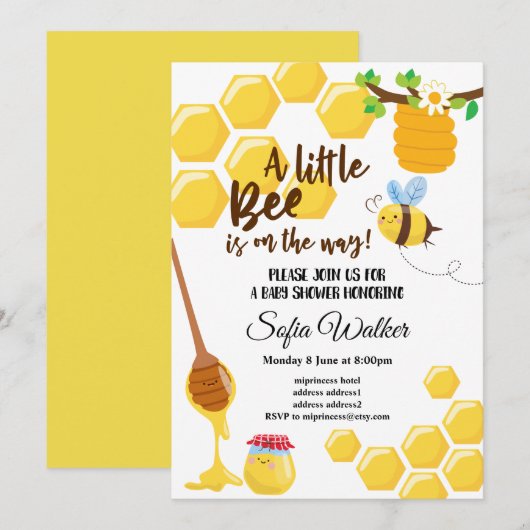 Invitation abeille, abeille miel, peigne de miel, baby shower (Devant / Derrière)