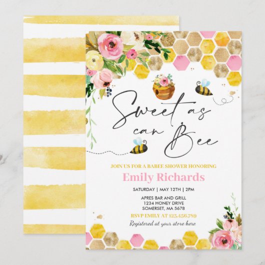Invitation Abeille Baby shower Rose Floral Douce Comme Peut Ê (Devant / Derrière)