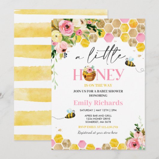 Invitation Abeille Baby shower Rose Un Peu De Miel Sur Le Che (Devant / Derrière)