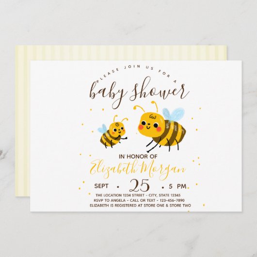 Invitation Abeille Bumble Douce, Baby shower Stripes (Devant / Derrière)