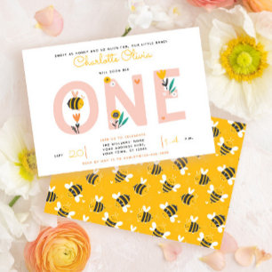 Invitation Abeille Fleurs Jaunes et Roses ONE 1er Anniversair